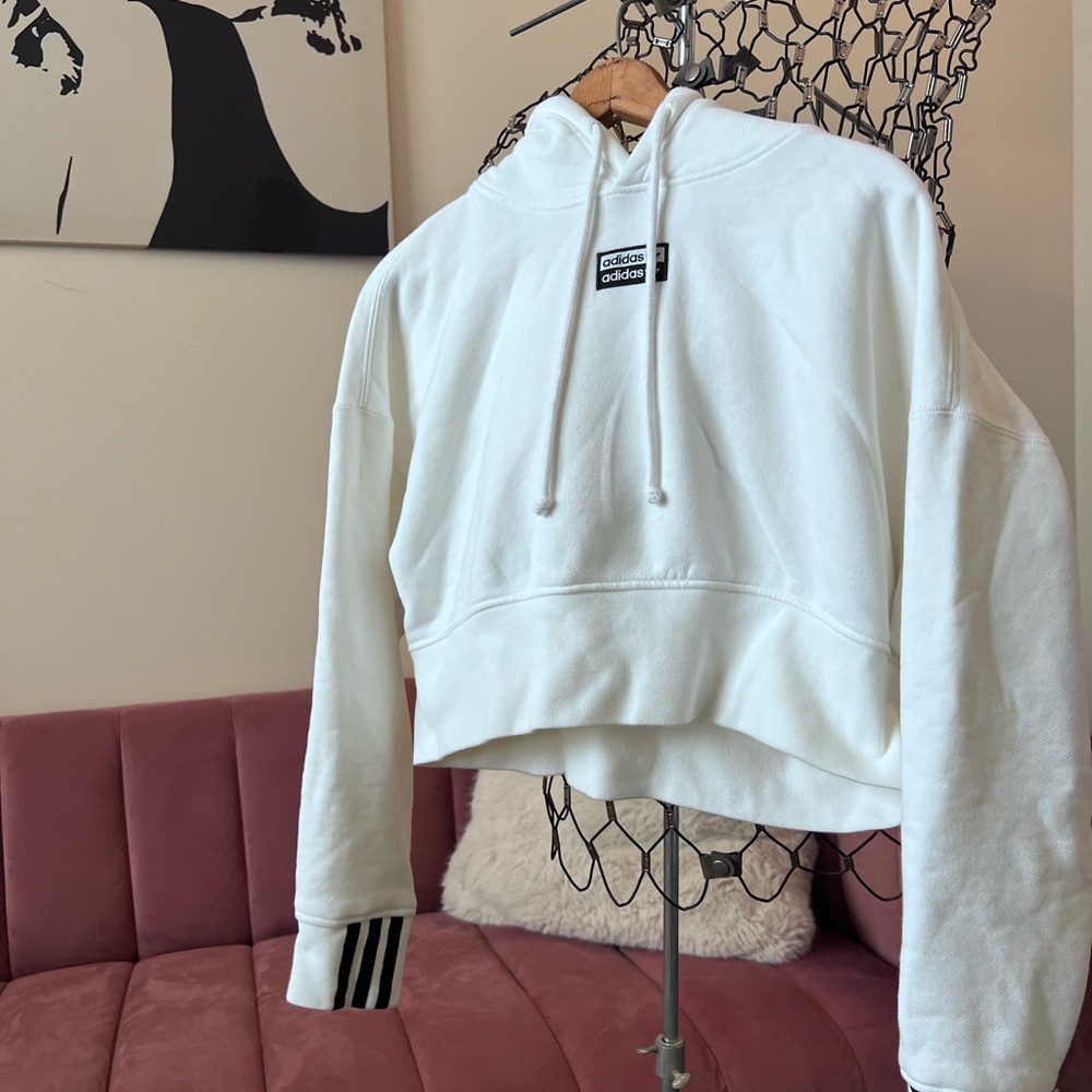Adidas Sweater Womens Adult‎ Small White Cropped Logo Hoodie Sweatshirt